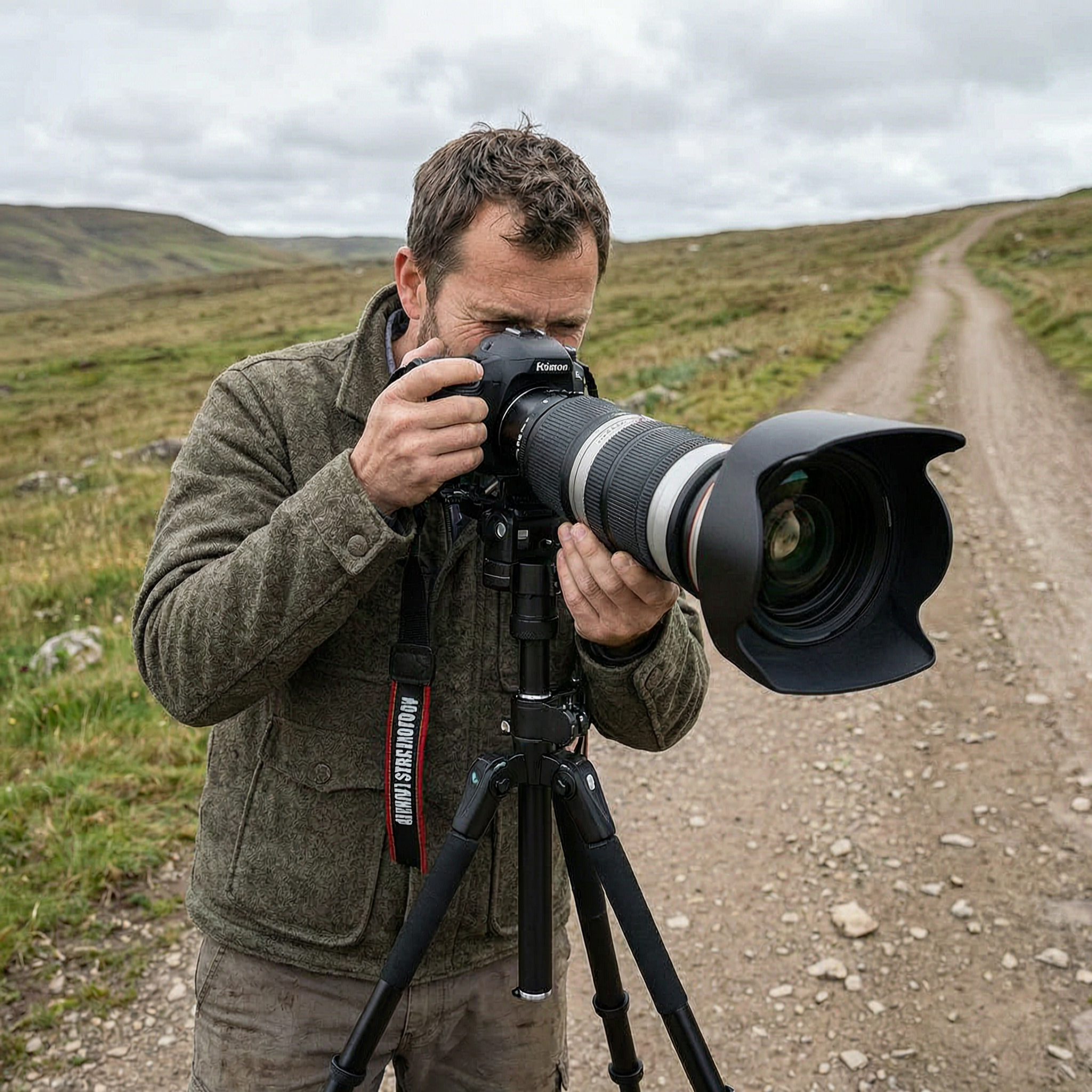 황야의 비포장 도로가 소실점을 향해 뻗어있고 사진작가가 삼각대와 망원렌즈로 촬영 중 — 리딩 라인 구도의 완벽한 예시